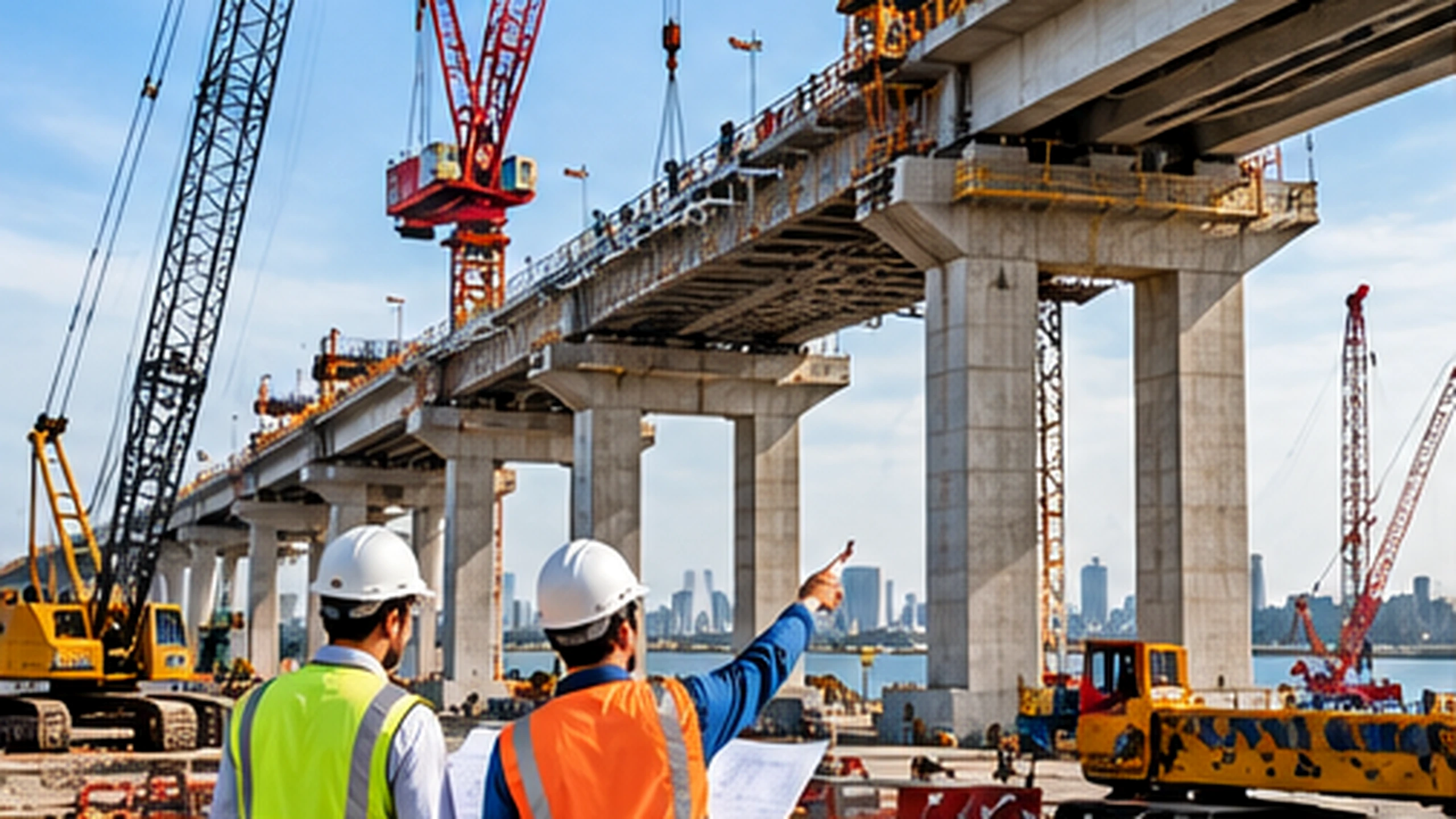 Large infrastructure construction with cranes and site engineers