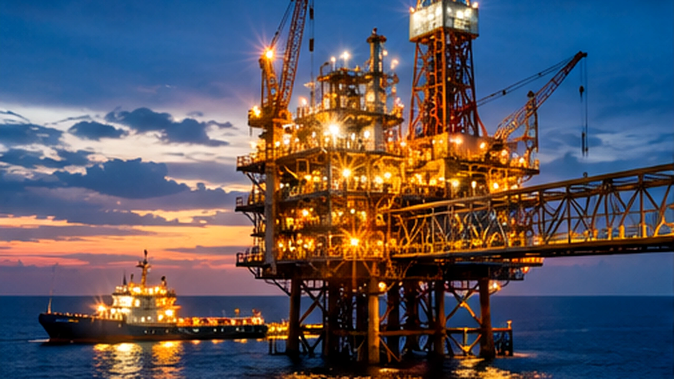 Offshore oil and gas platform at dusk