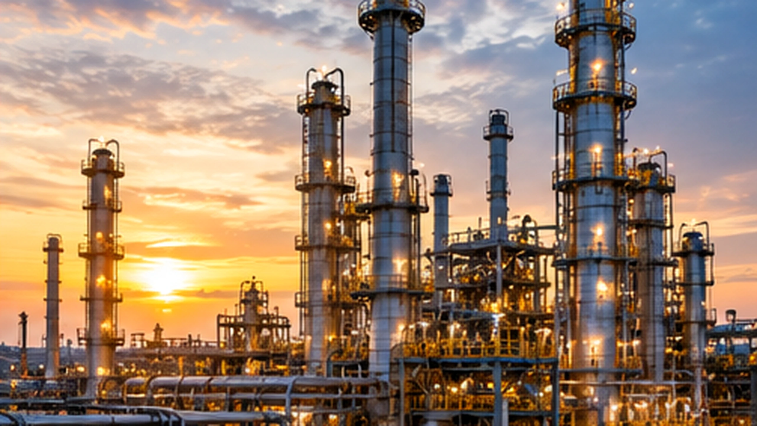 Industrial refinery and process units at sunset